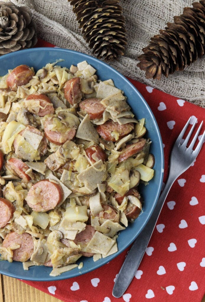 image showing lazanki served on a plate with a fork